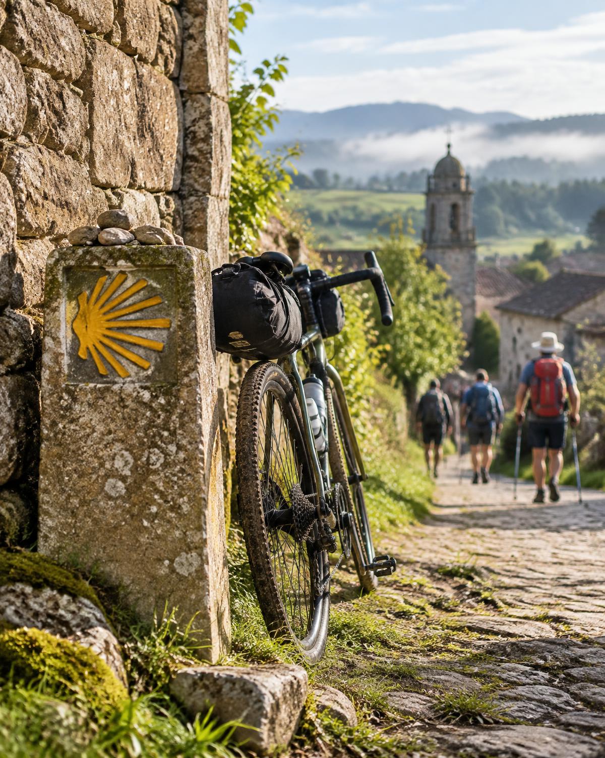 Bicycle beside a yellow Camino de Santiago scallop-shell waymarker