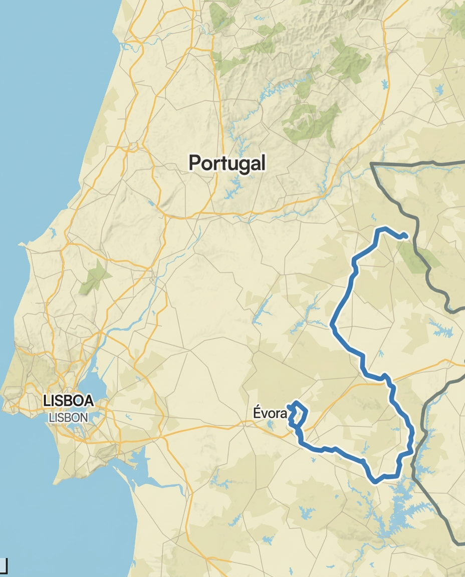 Map of the Alentejo cycling route from Évora, with the full route shown in ocean blue