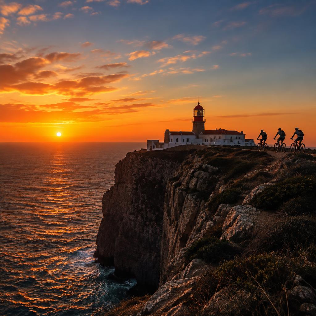 Silhouetted cyclists arriving at the cliffs and lighthouse of Cabo São Vicente at sunset
