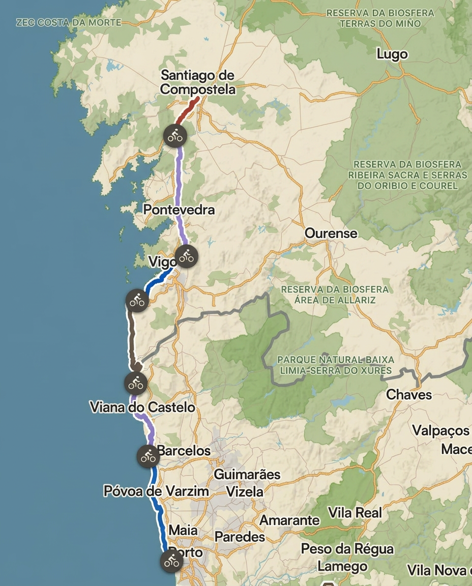 Map of the Camino cycling route from Porto to Santiago de Compostela with bicycle markers