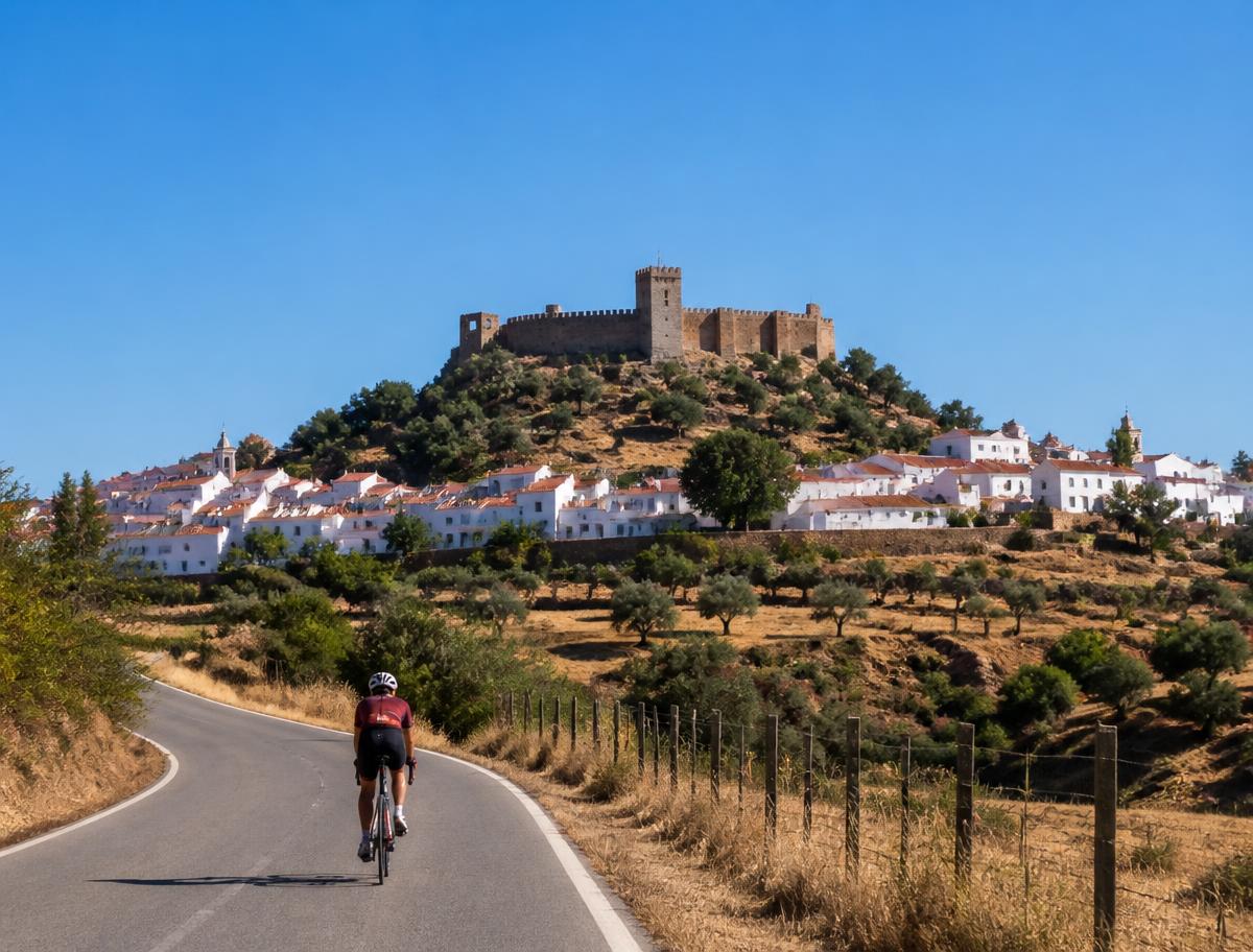 Cyclist approaching a medieval hilltop castle and white village