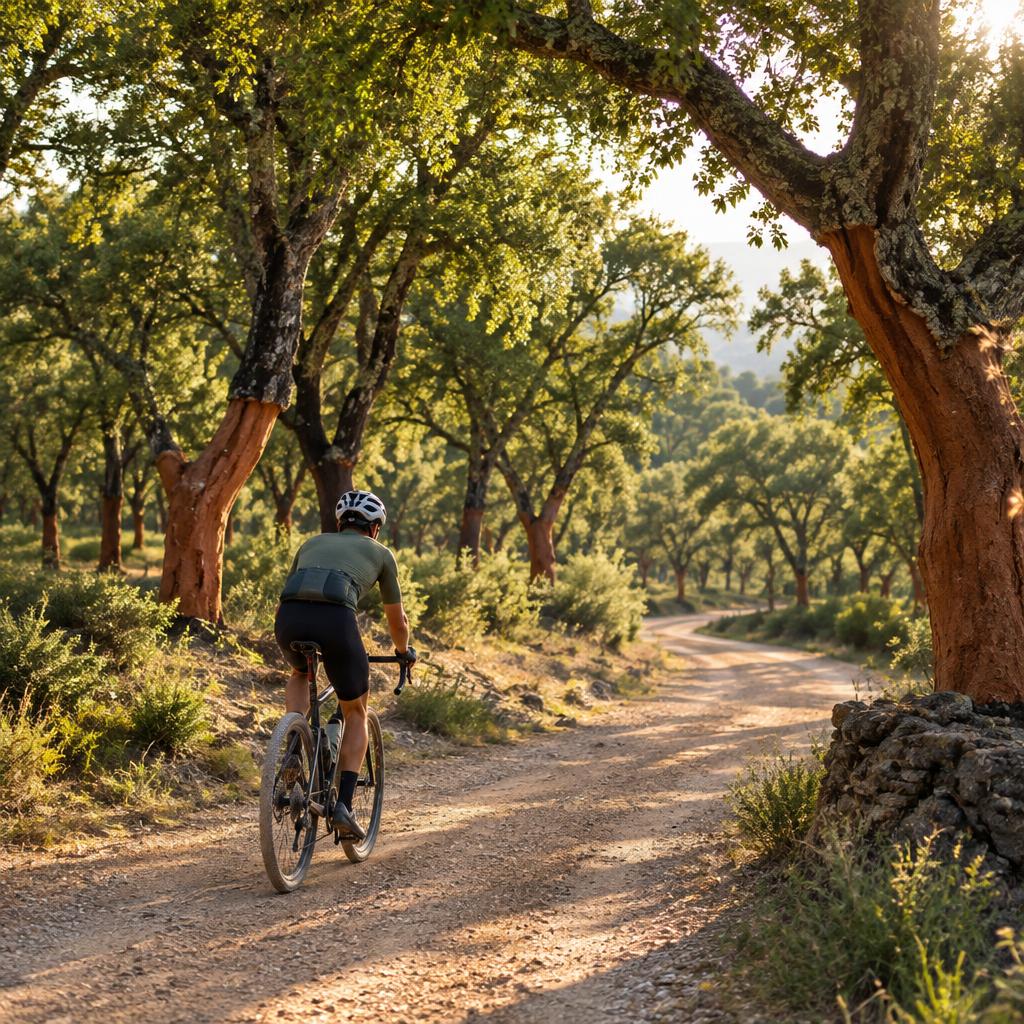 Cyclist riding a gravel bike on a dirt track through a sunlit cork oak forest in Alentejo