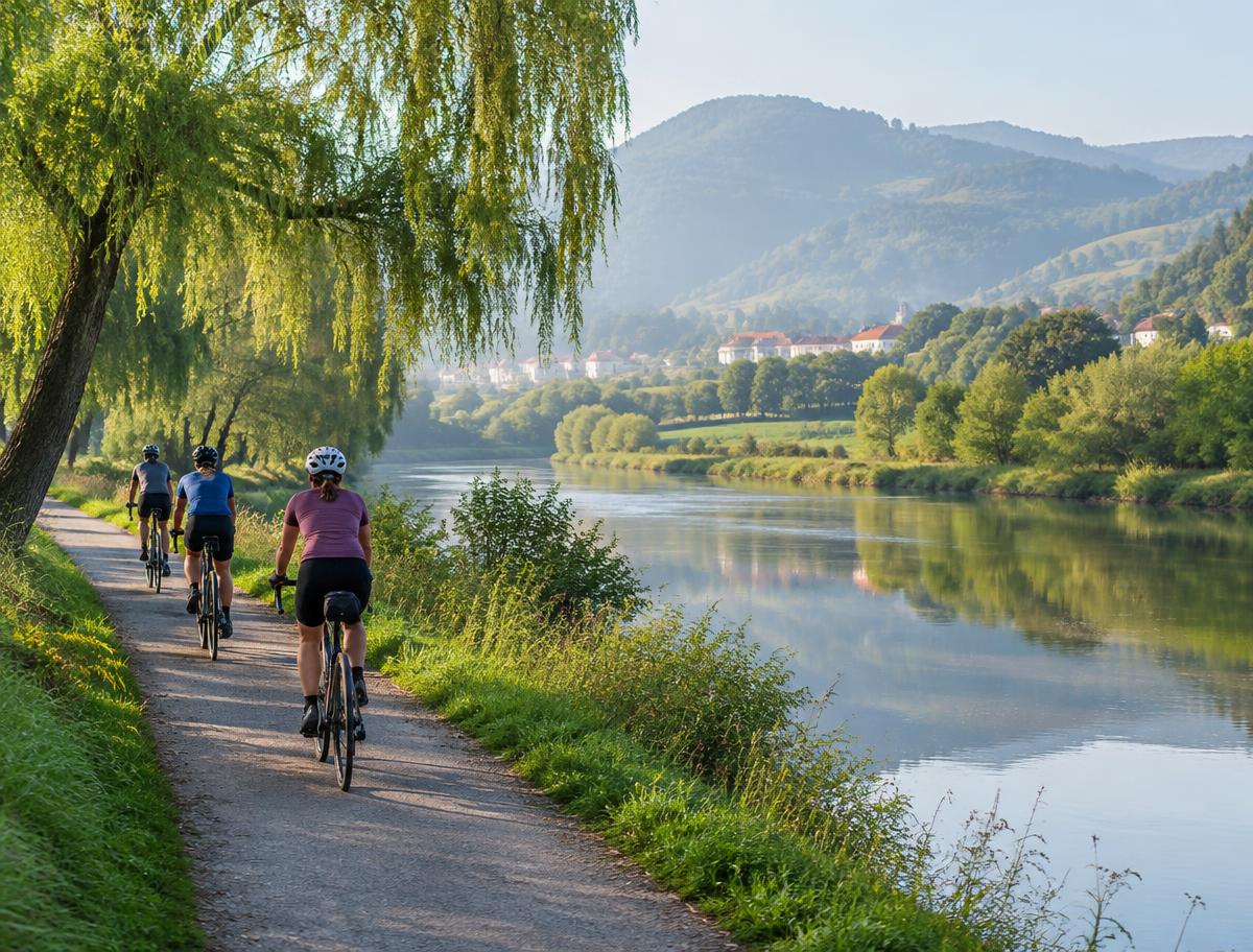 Cyclists riding a riverside path along the serene Dão river valley