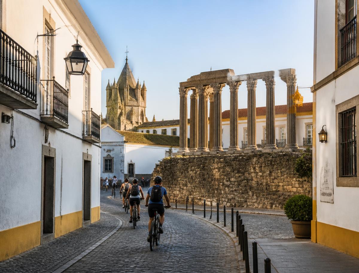 Cyclists riding through Évora's historic centre past the Roman temple