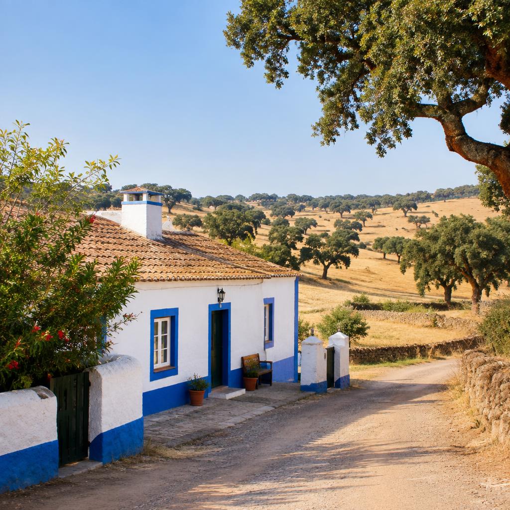 Whitewashed traditional Alentejo farmstead with blue trim beside a quiet dirt road