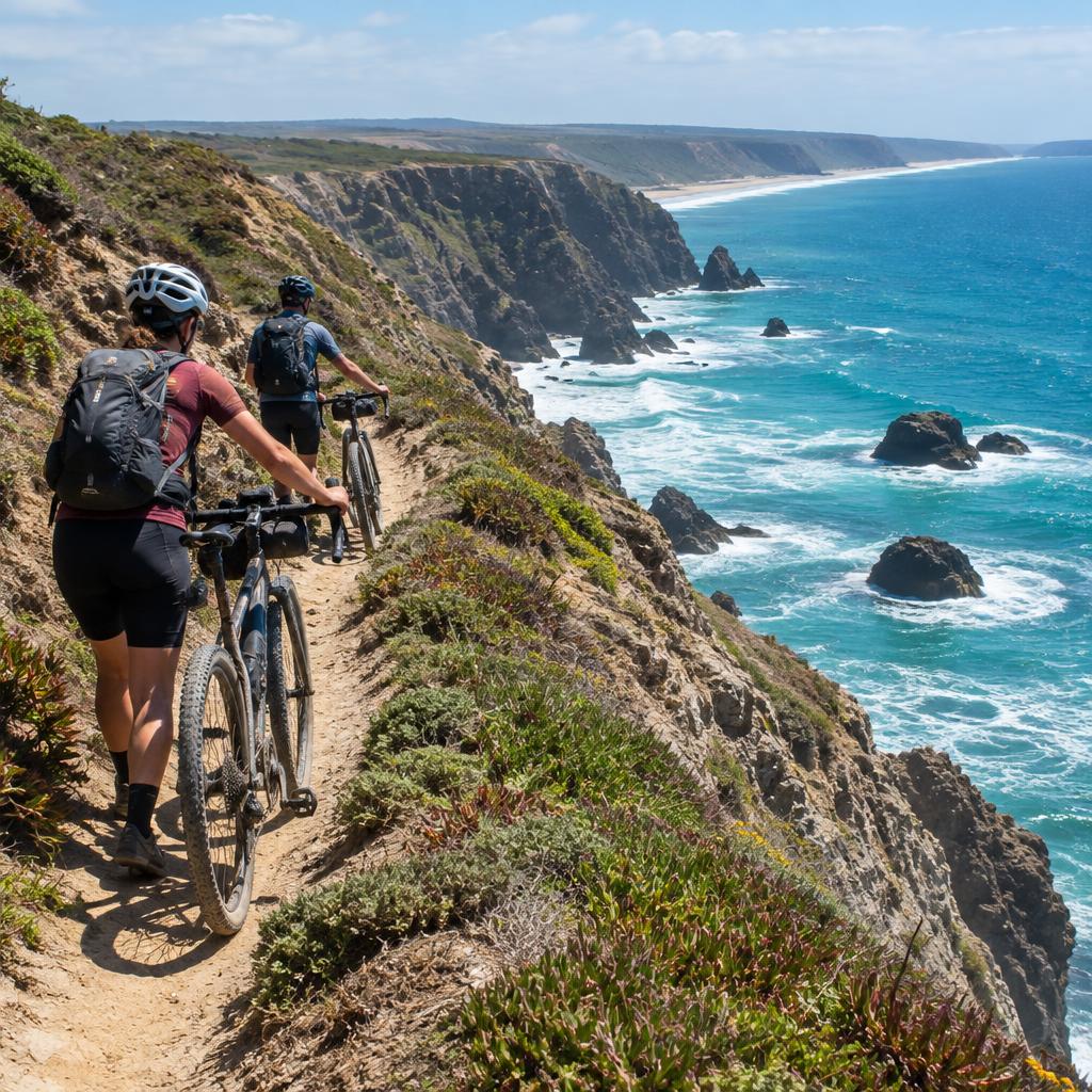 Cyclists pushing gravel bikes along the rugged clifftop Fishermen's Trail on the Portuguese Atlantic coast