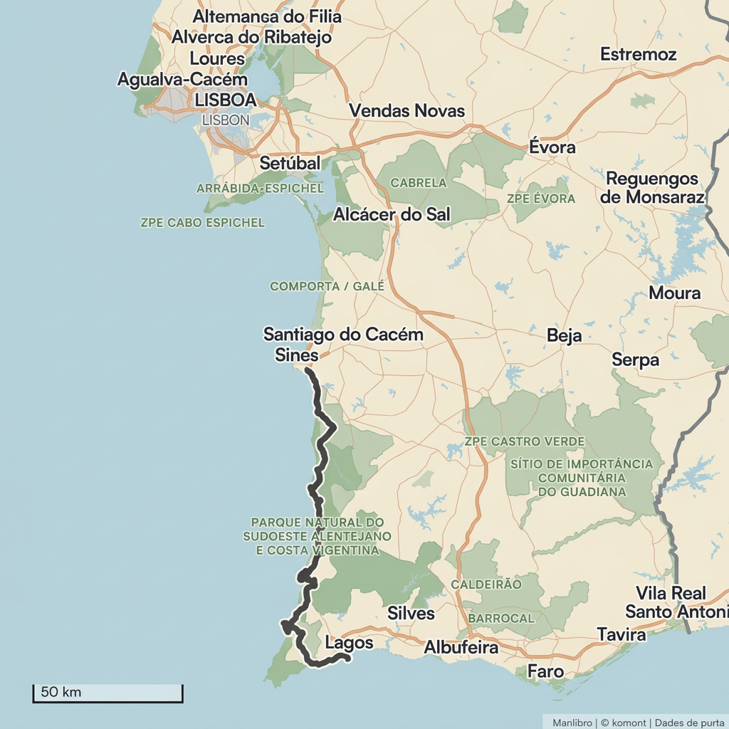 Map of the Gravel in Costa Vicentina route from São Torpes to Vila Nova de Milfontes, Odeceixe, Arrifana, Lagos and Portimão
