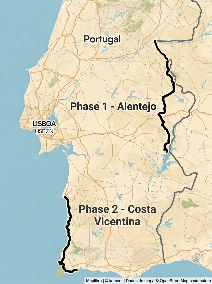 Map of the Portuguese Gravel Experience route, showing Phase 1 in the Alentejo and Phase 2 along the Costa Vicentina