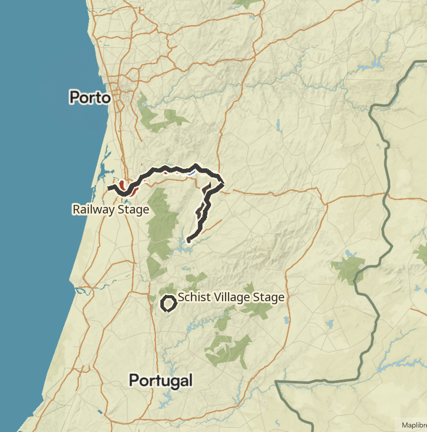 Map of the Old Railways and Schist Villages cycling stages in central Portugal