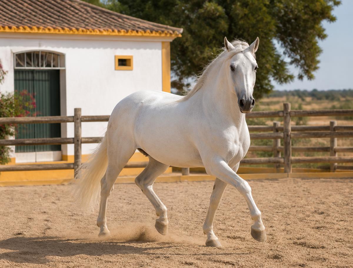 White Lusitano horse on a traditional Alentejo horse farm