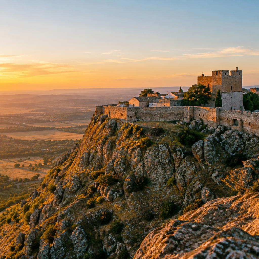 Hilltop stone castle village of Marvão perched on a granite crag above the Alentejo plains