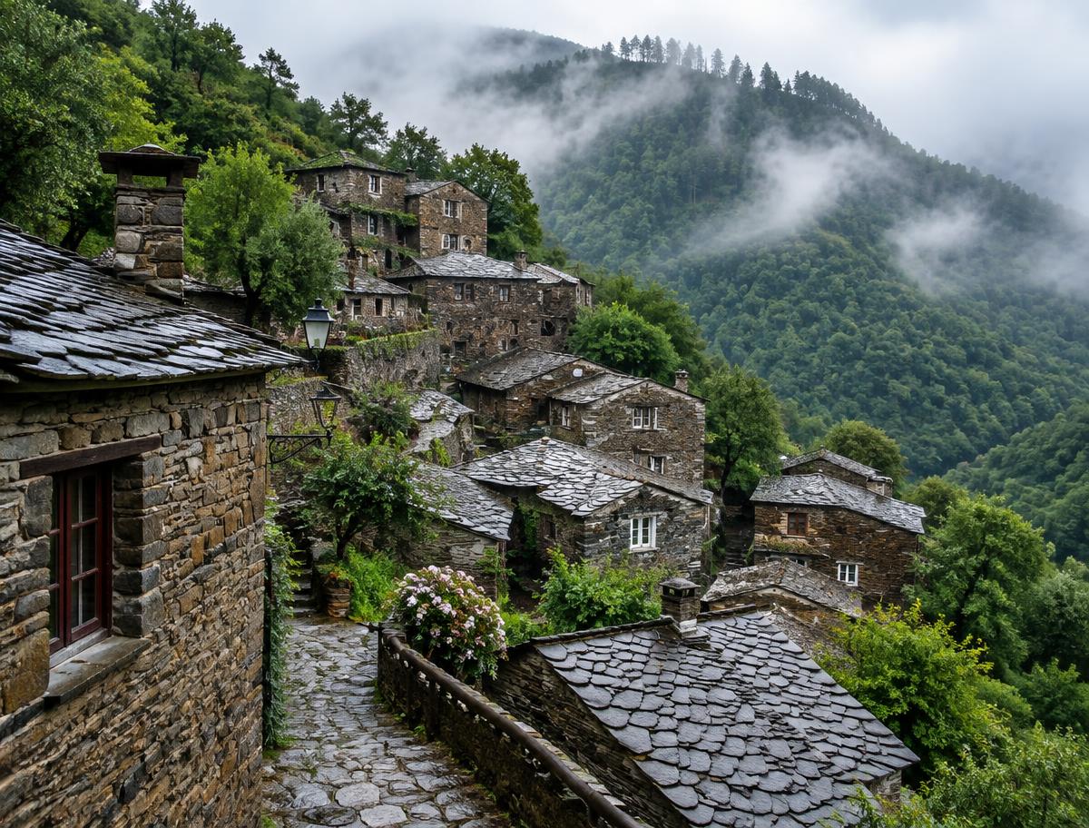 Slate-built houses of a schist village stacked on a misty mountainside in the Serra da Lousã