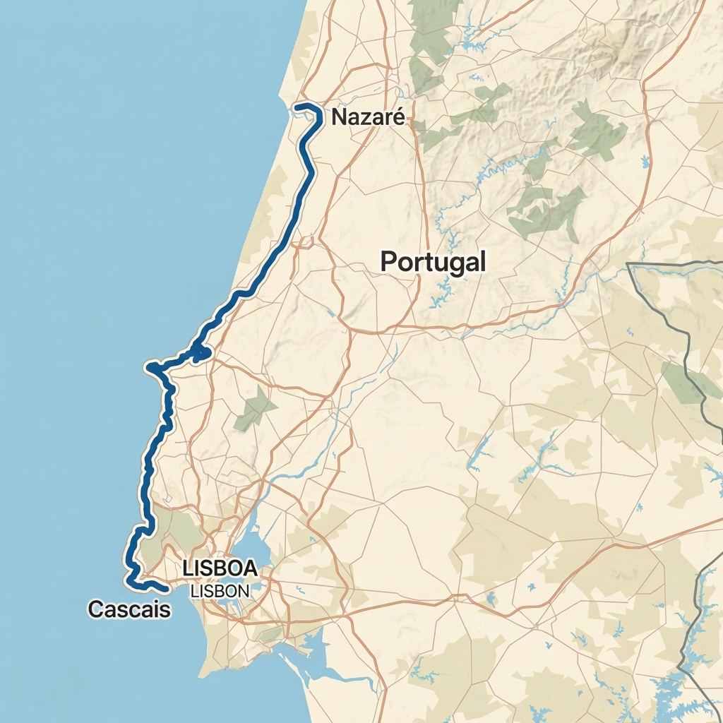 Map of the Silver Coast cycling route from Nazaré to Cascais