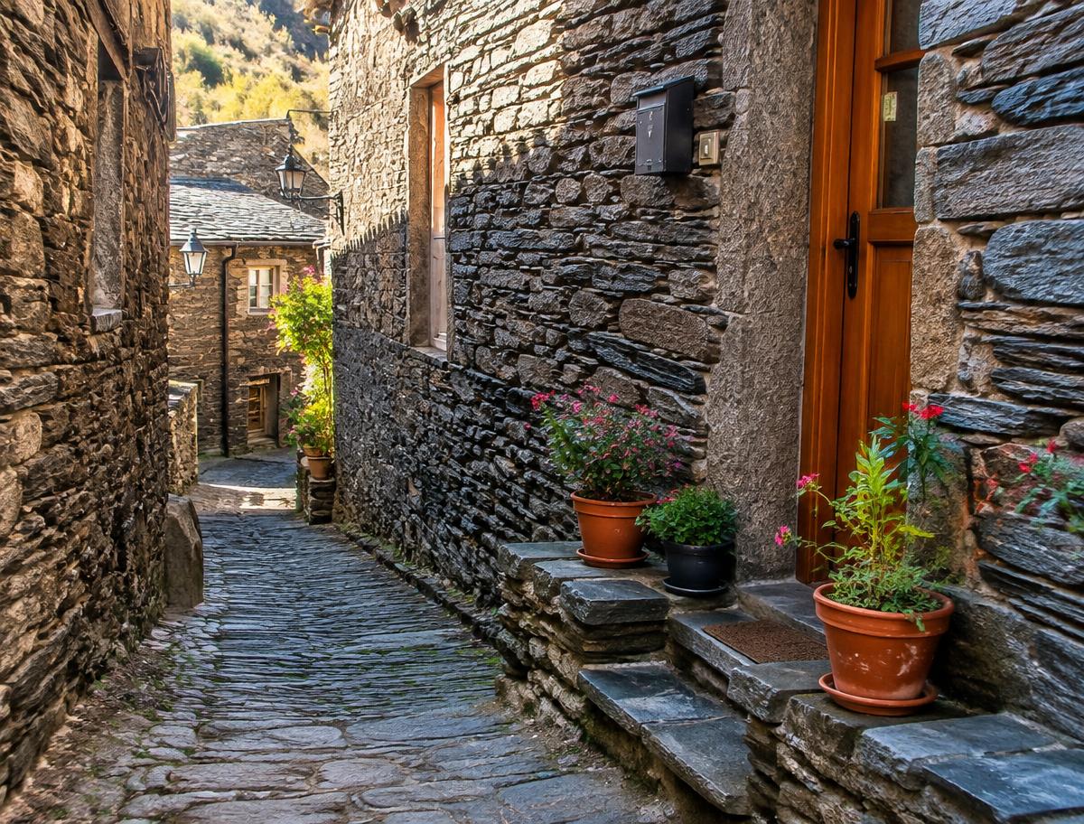 Narrow cobbled lane with slate walls and flower pots in an ancient schist village