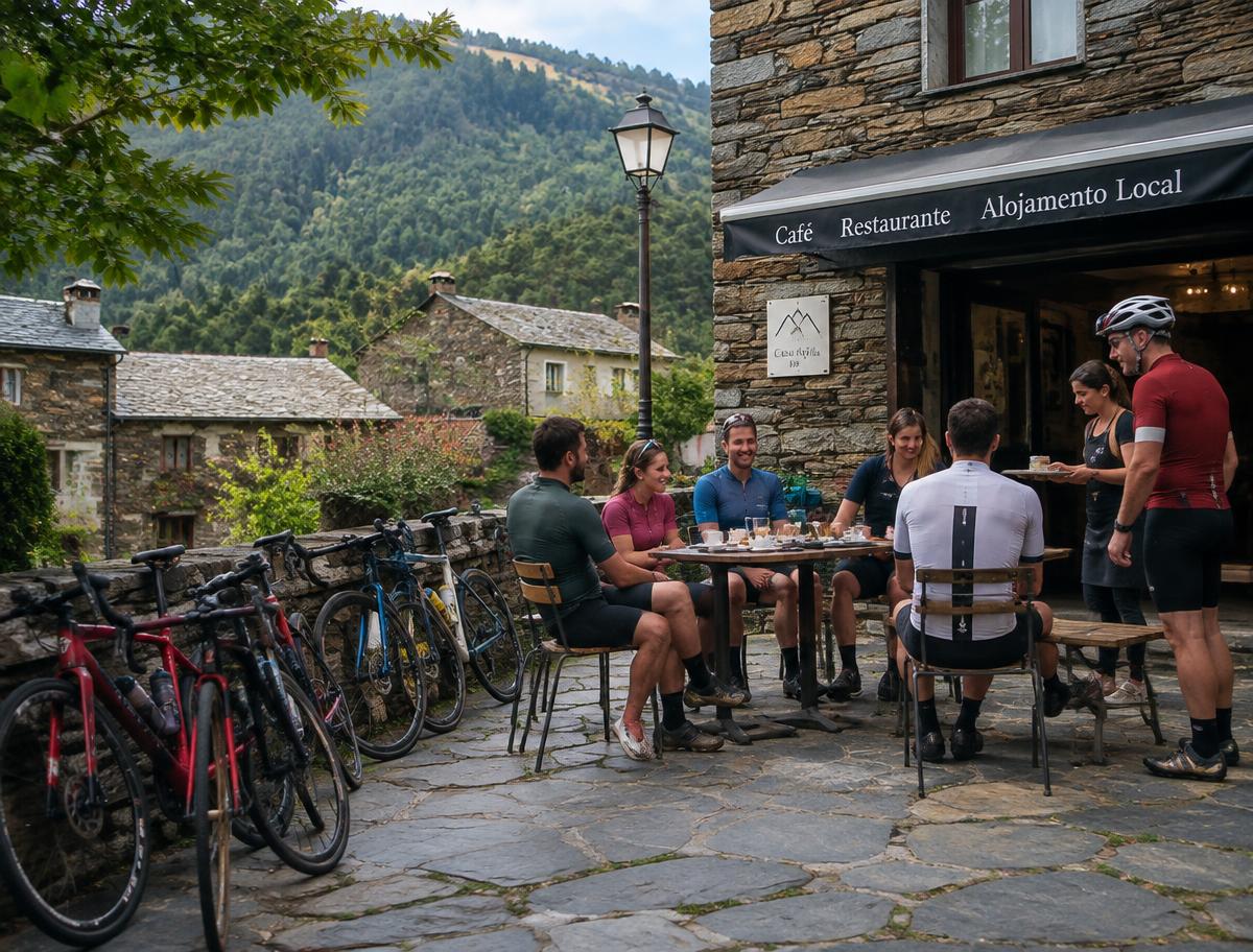 Cyclists sharing a café stop in a slate-built schist-village square