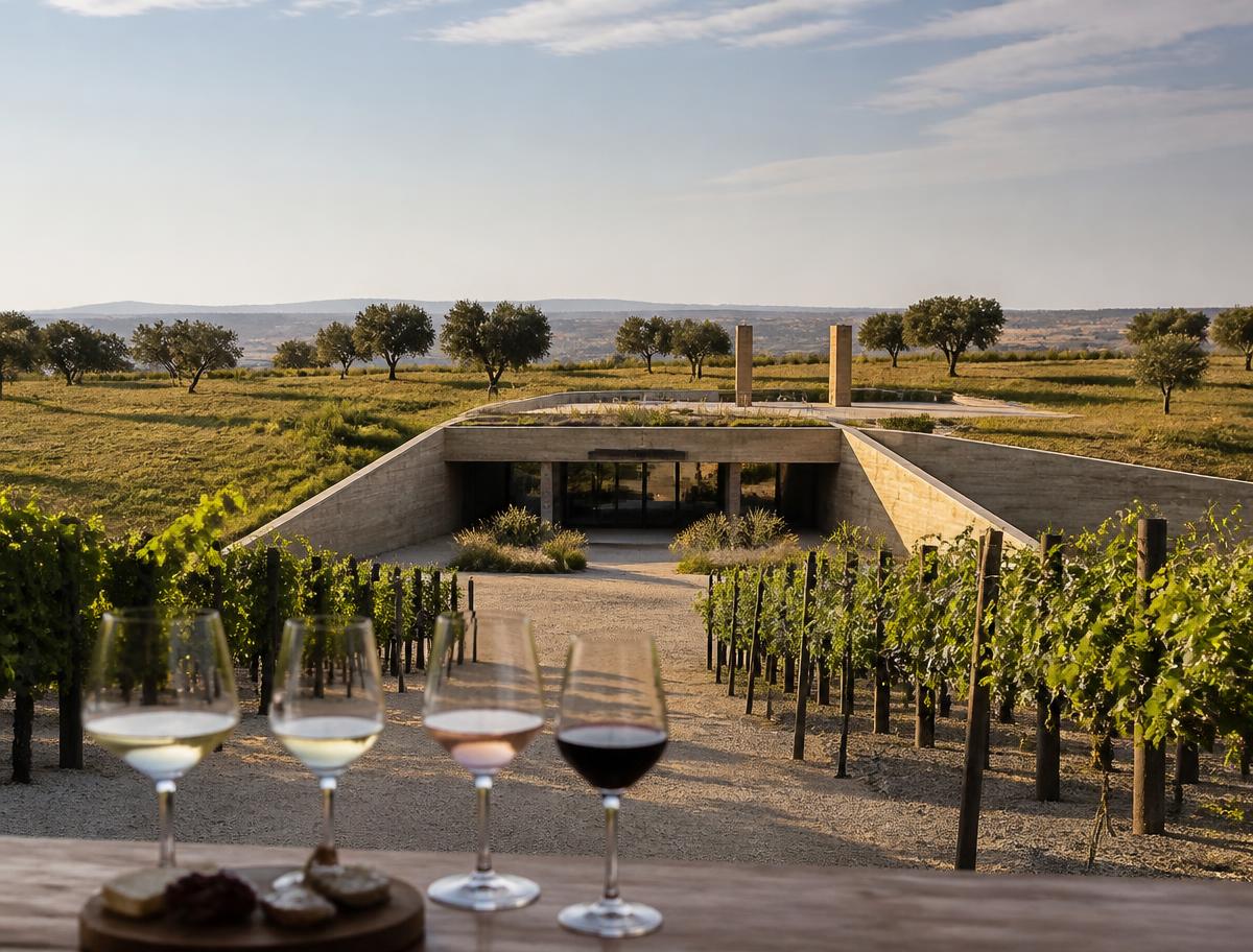 Wine tasting at a modern bunker-style winery among Alentejo vineyards