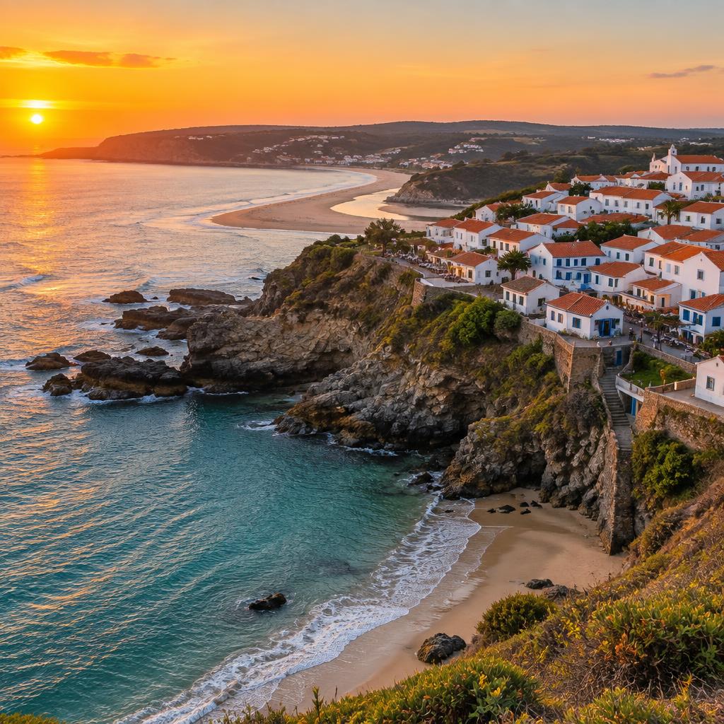 The cliffside village of Zambujeira do Mar above a sheltered Atlantic cove at sunset